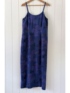Laura Ashley Silk Floral Maxi Slip Dress Bias Cut Spaghetti Strap Blue VTG US 10